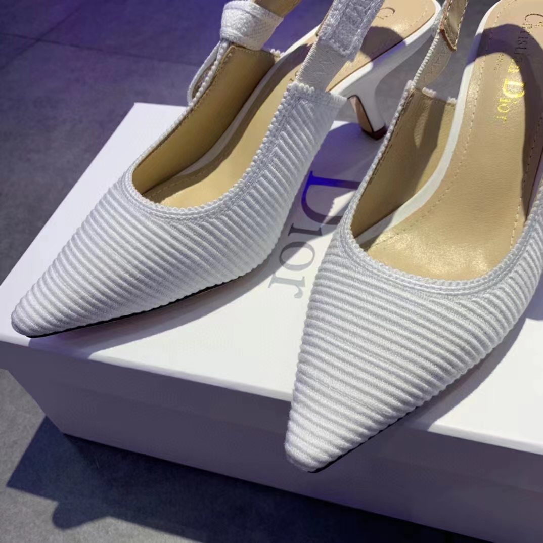 Dior Women CD J’Adior Slingback Pump White Cotton Embroidery Flat Bow
