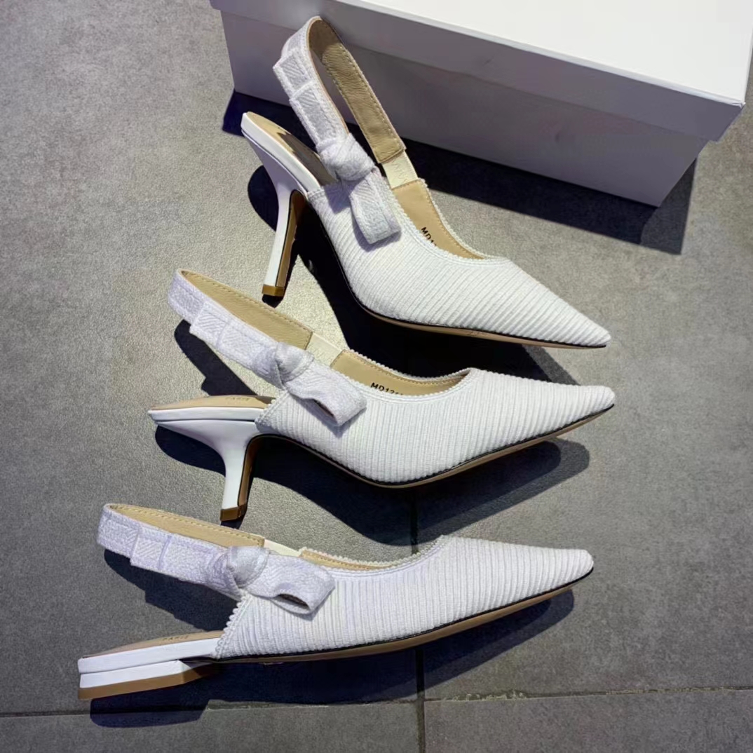 Dior Women CD J’Adior Slingback Pump White Cotton Embroidery Flat Bow