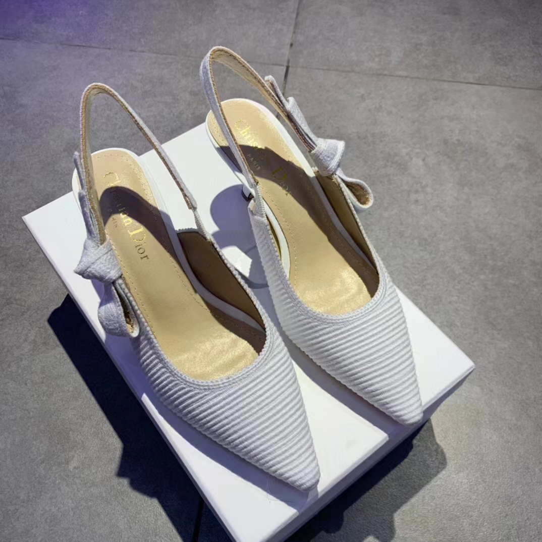 Dior Women CD J’Adior Slingback Pump White Cotton Embroidery Flat Bow