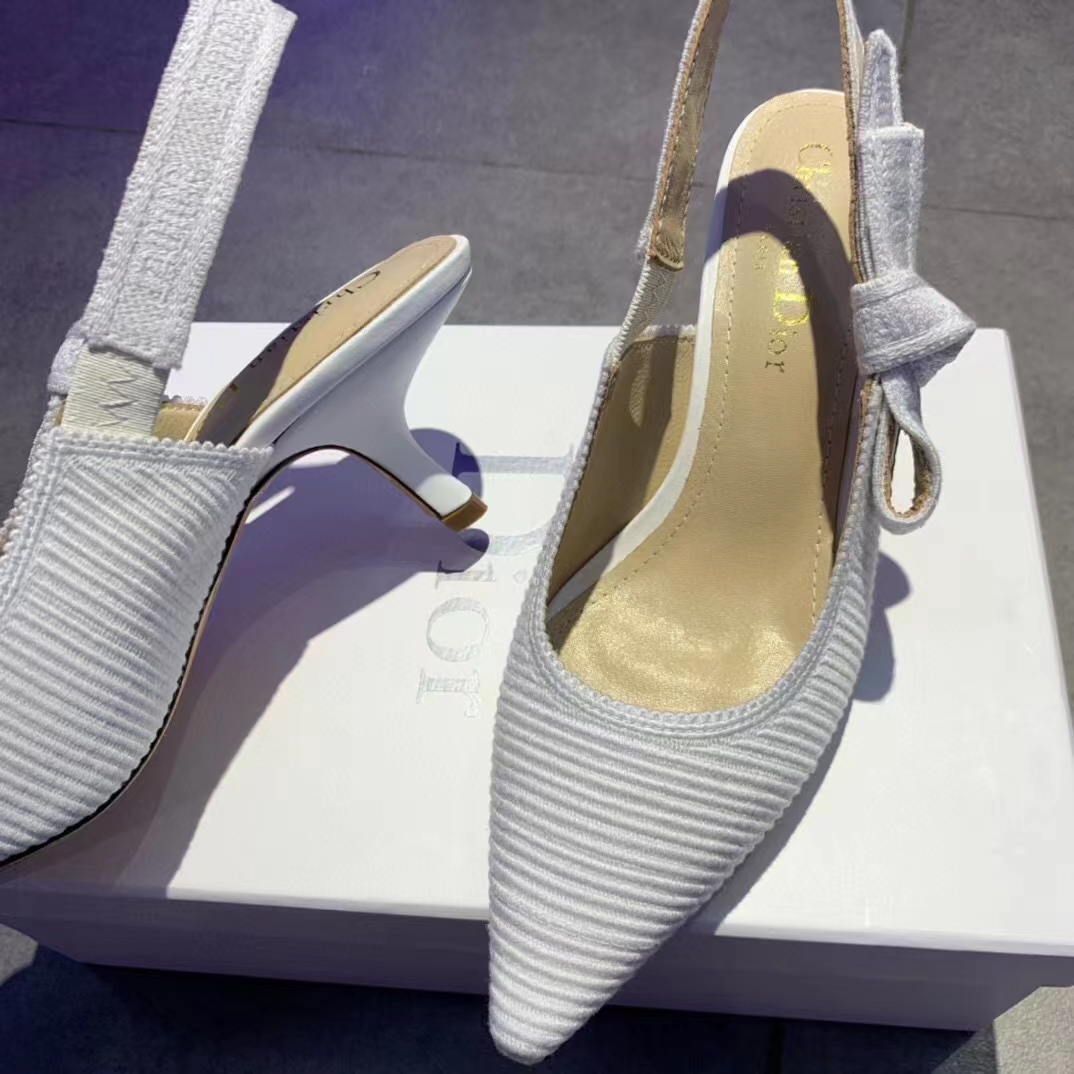 Dior Women CD J’Adior Slingback Pump White Cotton Embroidery Flat Bow