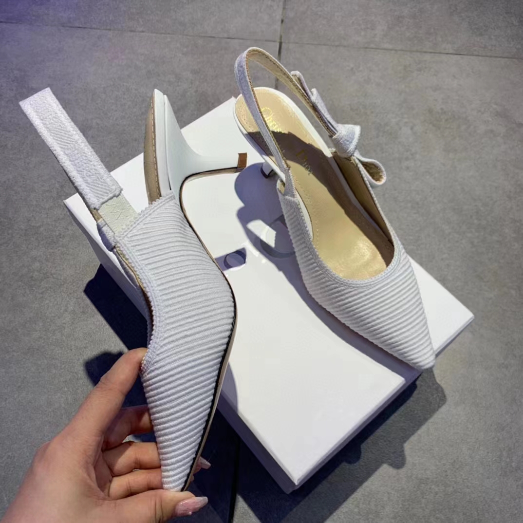 Dior Women CD J’Adior Slingback Pump White Cotton Embroidery Flat Bow