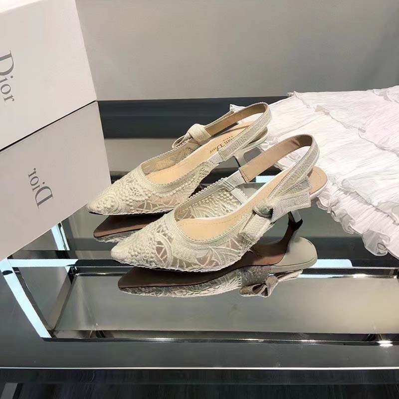 Dior Women CD J’Adior Slingback Pump White Macramé Embroidered Cotton 6.5 Cm Heel