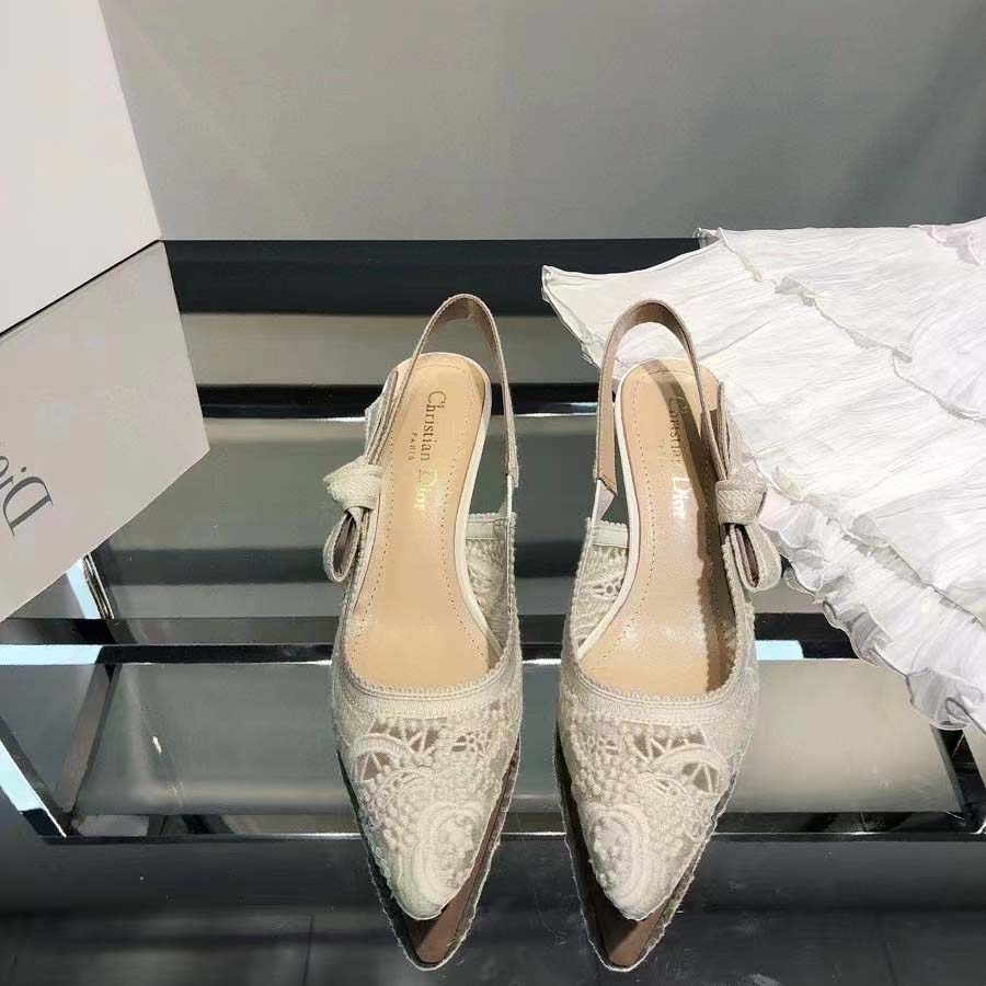 Dior Women CD J’Adior Slingback Pump White Macramé Embroidered Cotton 6.5 Cm Heel