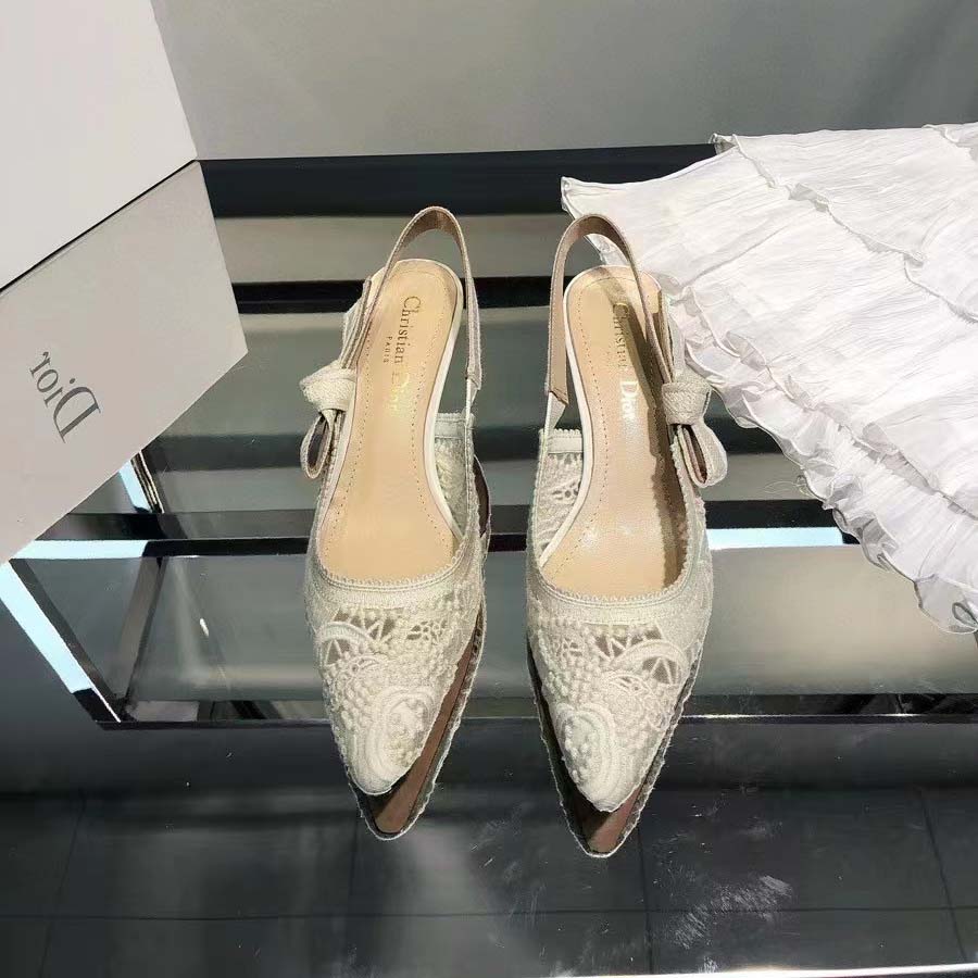 Dior Women CD J’Adior Slingback Pump White Macramé Embroidered Cotton 6.5 Cm Heel