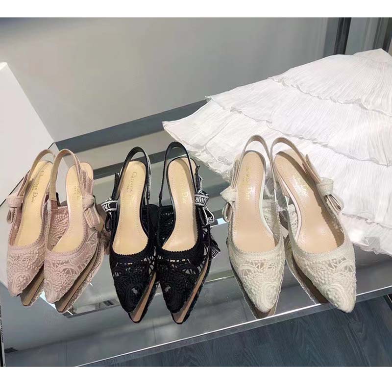 Dior Women CD J’Adior Slingback Pump White Macramé Embroidered Cotton 6.5 Cm Heel