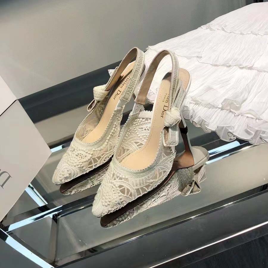 Dior Women CD J’Adior Slingback Pump White Macramé Embroidered Cotton