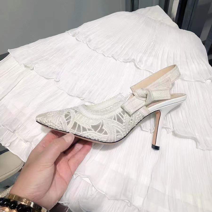 Dior Women CD J’Adior Slingback Pump White Macramé Embroidered Cotton