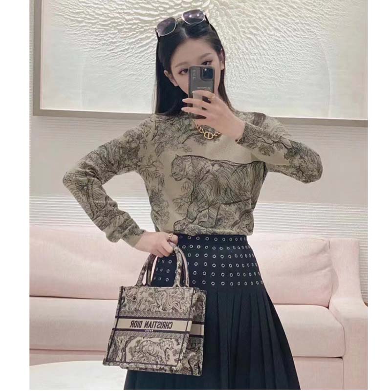 Dior Women CD Medium Book Tote Brown Toile De Jouy Embroidery