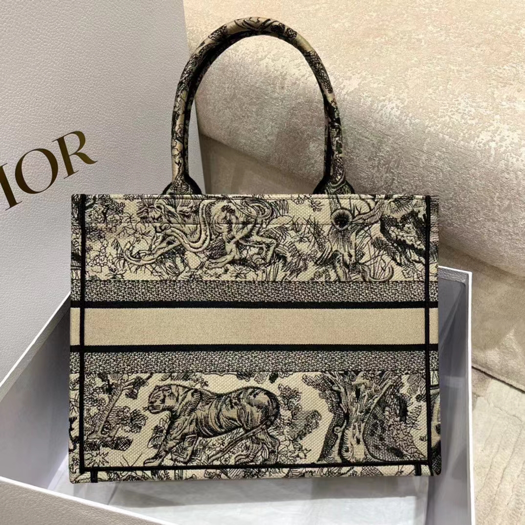 Dior Women CD Medium Book Tote Brown Toile De Jouy Embroidery