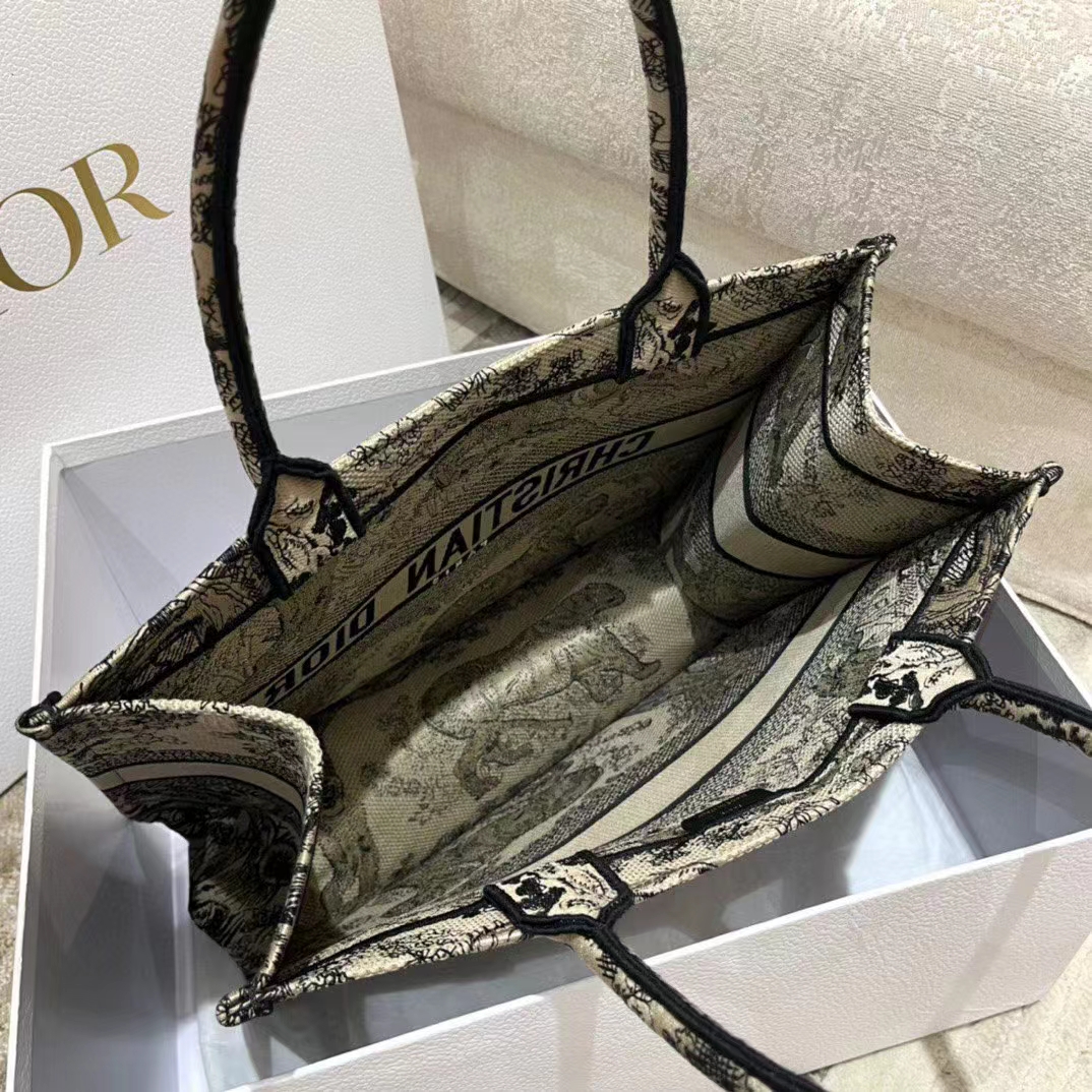 Dior Women CD Medium Book Tote Brown Toile De Jouy Embroidery