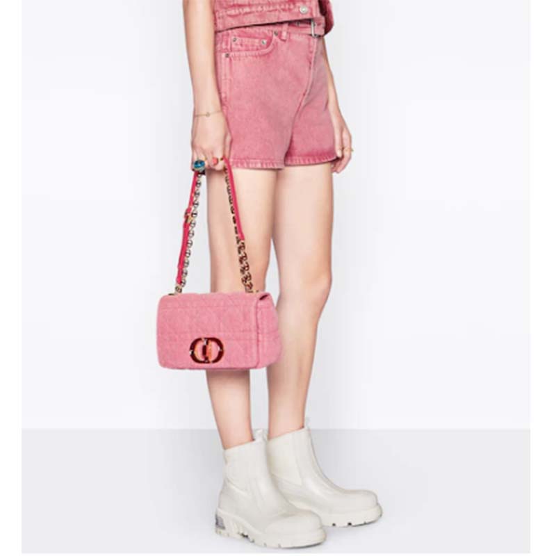 Dior Women CD Medium Dior Caro Bag Bright Pink Macrocannage Denim