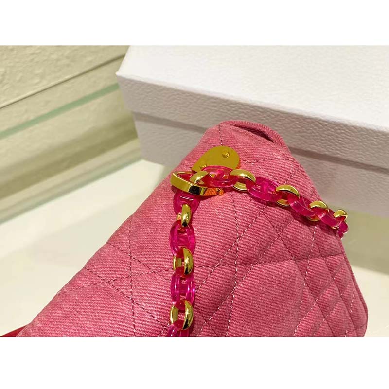 Dior Women CD Medium Dior Caro Bag Bright Pink Macrocannage Denim