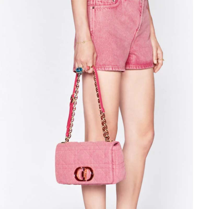 Dior Women CD Medium Dior Caro Bag Bright Pink Macrocannage Denim