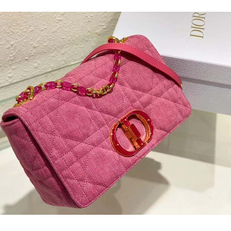 Dior Women CD Medium Dior Caro Bag Bright Pink Macrocannage Denim