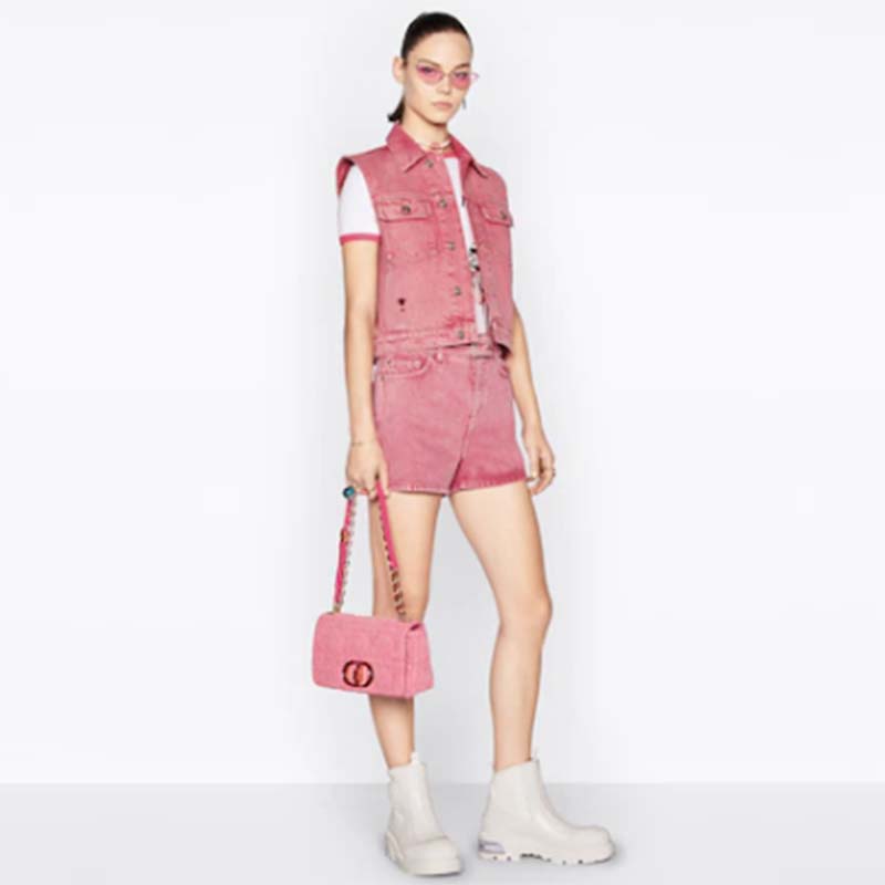 Dior Women CD Medium Dior Caro Bag Bright Pink Macrocannage Denim