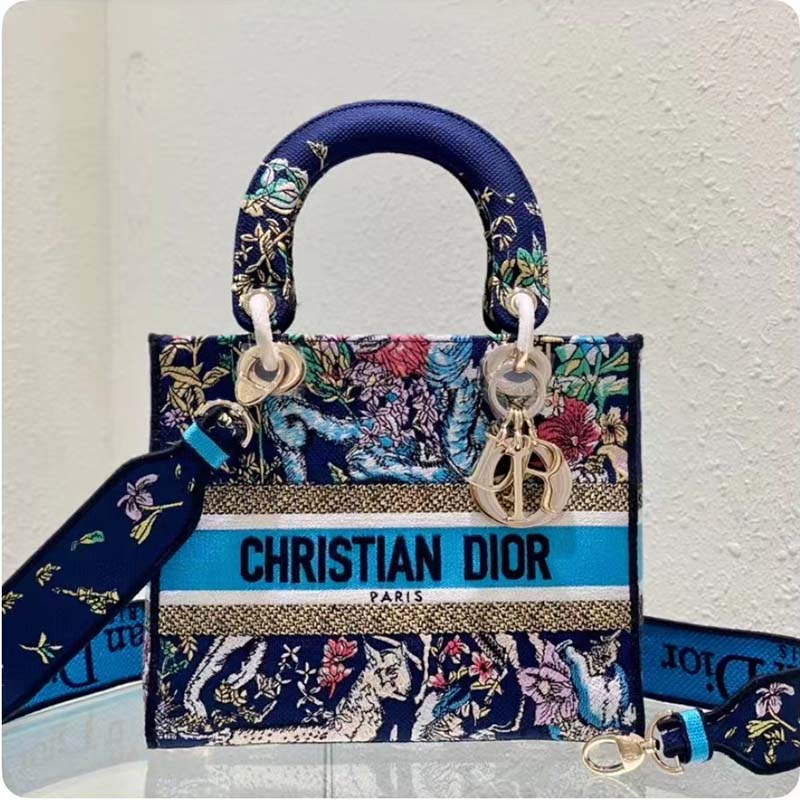 Dior Women CD Medium Lady D-Lite Bag Blue Multicolor D-Constellation Embroidery