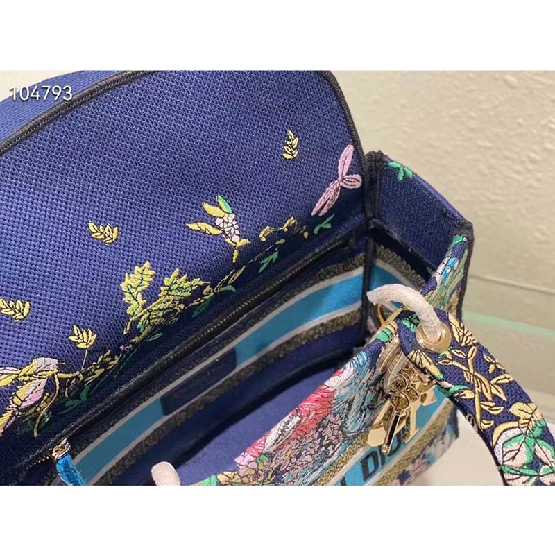 Dior Women CD Medium Lady D-Lite Bag Blue Multicolor D-Constellation Embroidery