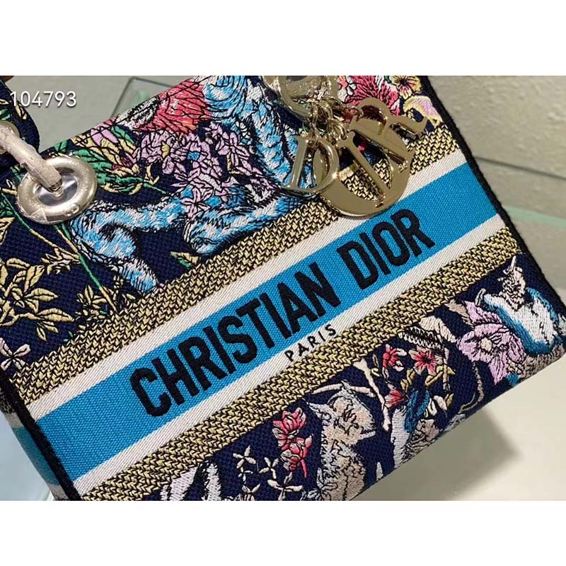 Dior Women CD Medium Lady D-Lite Bag Blue Multicolor D-Constellation Embroidery