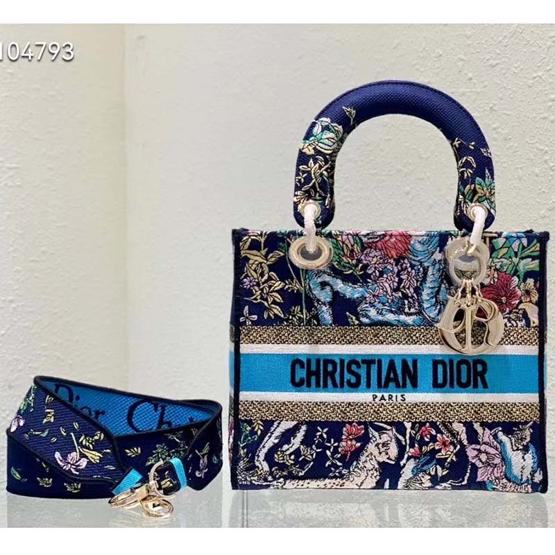Dior Women CD Medium Lady D-Lite Bag Blue Multicolor D-Constellation Embroidery