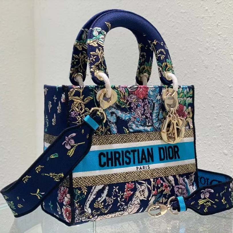 Dior Women CD Medium Lady D-Lite Bag Blue Multicolor D-Constellation Embroidery