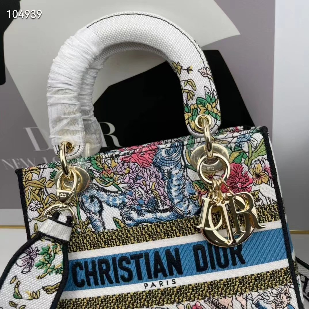 Dior Women CD Medium Lady D-Lite Bag Latte Multicolor D-Constellation Embroidery