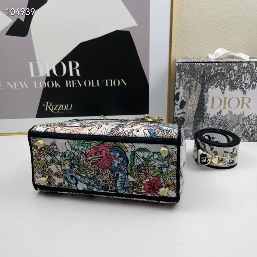 Dior Women CD Medium Lady D-Lite Bag Latte Multicolor D-Constellation Embroidery