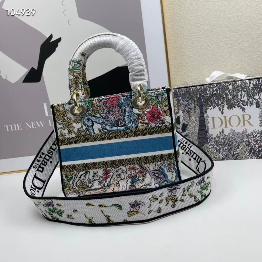 Dior Women CD Medium Lady D-Lite Bag Latte Multicolor D-Constellation Embroidery