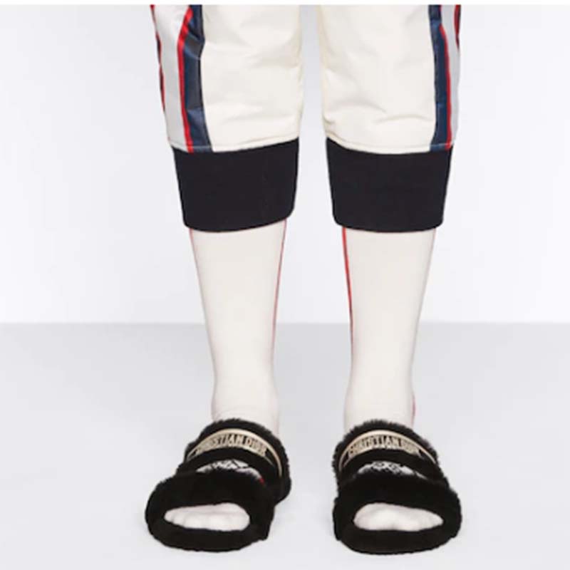 Dior Women CD Shoes Chez Moi Slide Black Embroidered Cotton Black Shearling