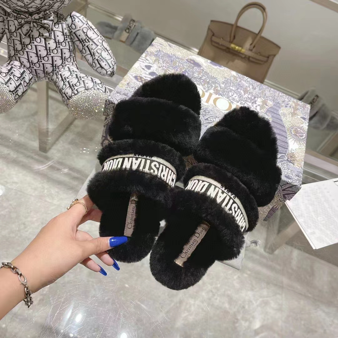 Dior Women CD Shoes Chez Moi Slide Black Embroidered Cotton Black Shearling
