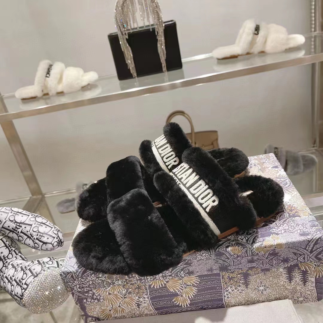 Dior Women CD Shoes Chez Moi Slide Black Embroidered Cotton Black Shearling