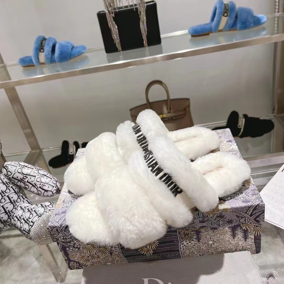 Dior Women CD Shoes Chez Moi Slide Black Embroidered Cotton White Shearling
