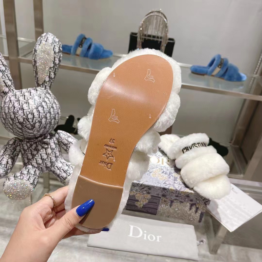 Dior Women CD Shoes Chez Moi Slide Black Embroidered Cotton White Shearling