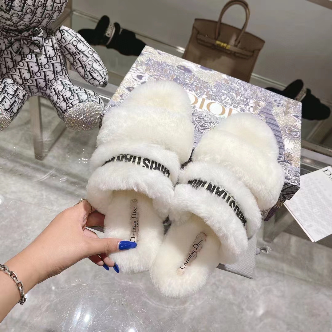 Dior Women CD Shoes Chez Moi Slide Black Embroidered Cotton White Shearling