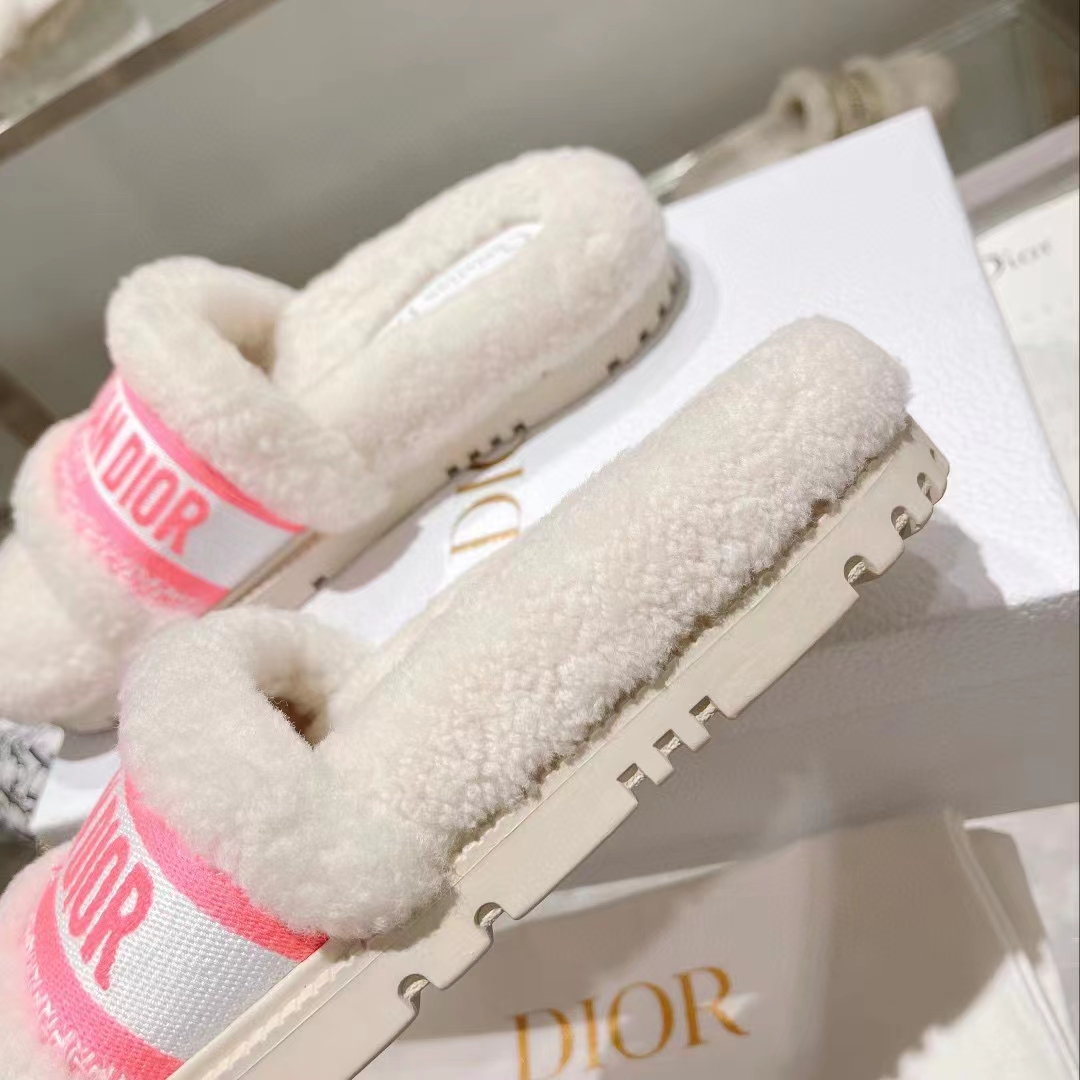 Dior Women CD Shoes Chez Moi Slide Bright Pink Cotton Embroidery White Shearling