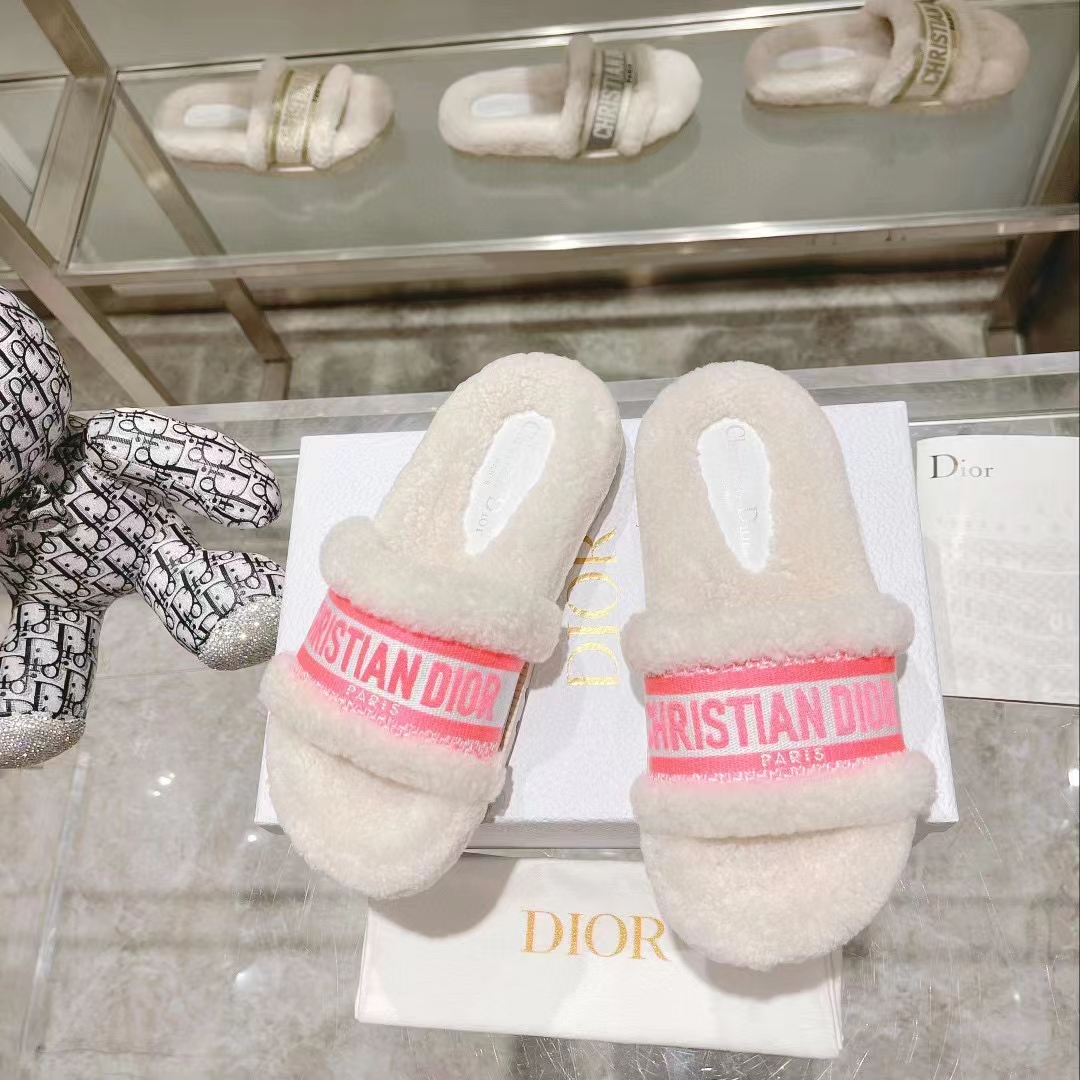 Dior Women CD Shoes Chez Moi Slide Bright Pink Cotton Embroidery White Shearling