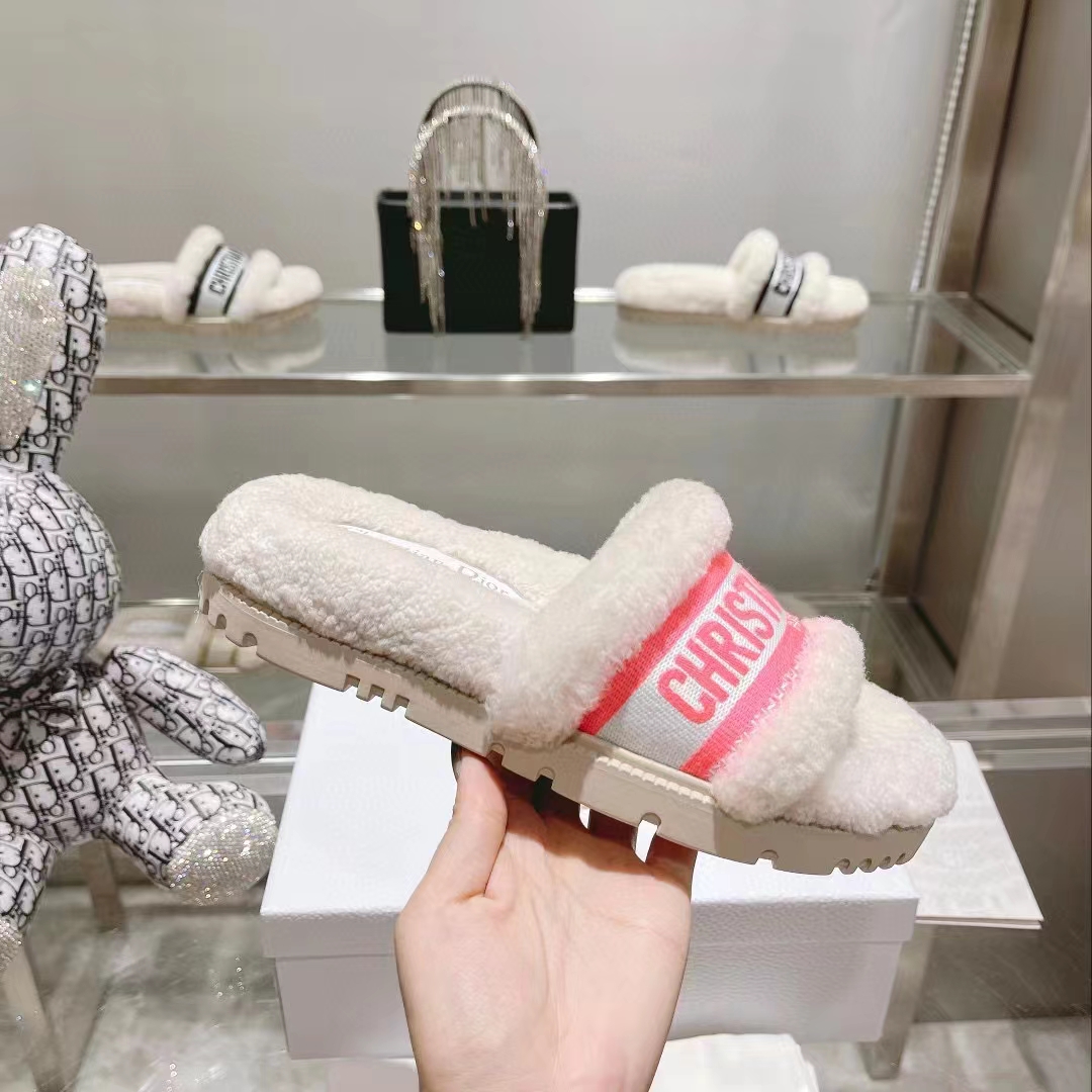 Dior Women CD Shoes Chez Moi Slide Bright Pink Cotton Embroidery White Shearling