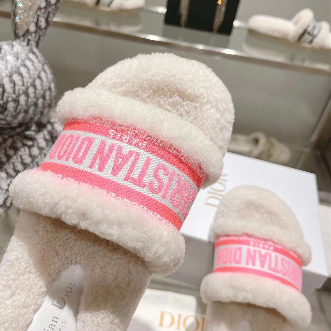 Dior Women CD Shoes Chez Moi Slide Bright Pink Cotton Embroidery White Shearling