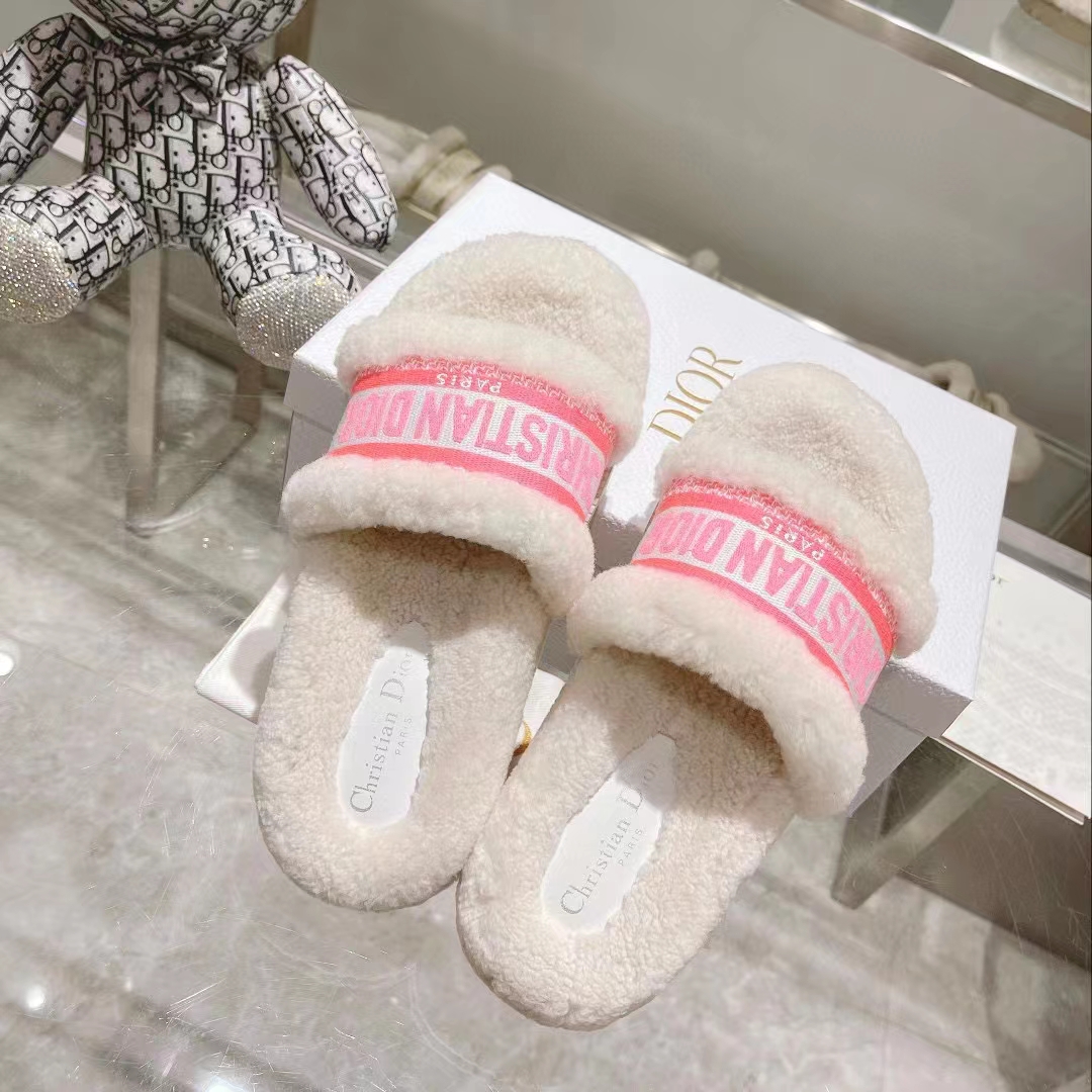 Dior Women CD Shoes Chez Moi Slide Bright Pink Cotton Embroidery White Shearling