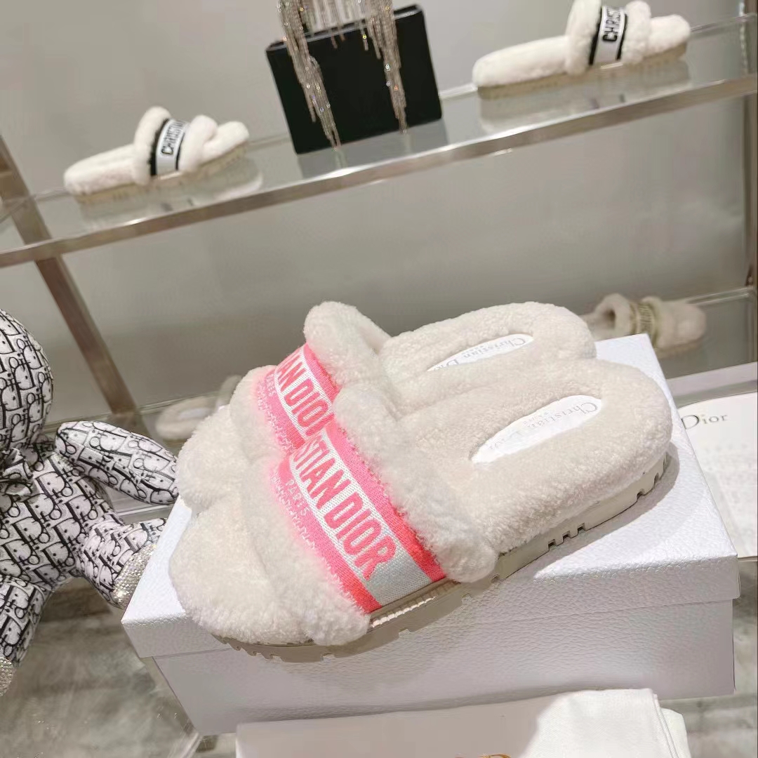 Dior Women CD Shoes Chez Moi Slide Bright Pink Cotton Embroidery White Shearling