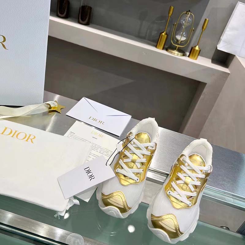 Dior Women CD Shoes Dior Vibe Sneaker White Mesh Gold Tone Technical Fabric