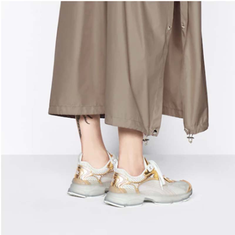 Dior Women CD Shoes Dior Vibe Sneaker White Mesh Gold Tone Technical Fabric