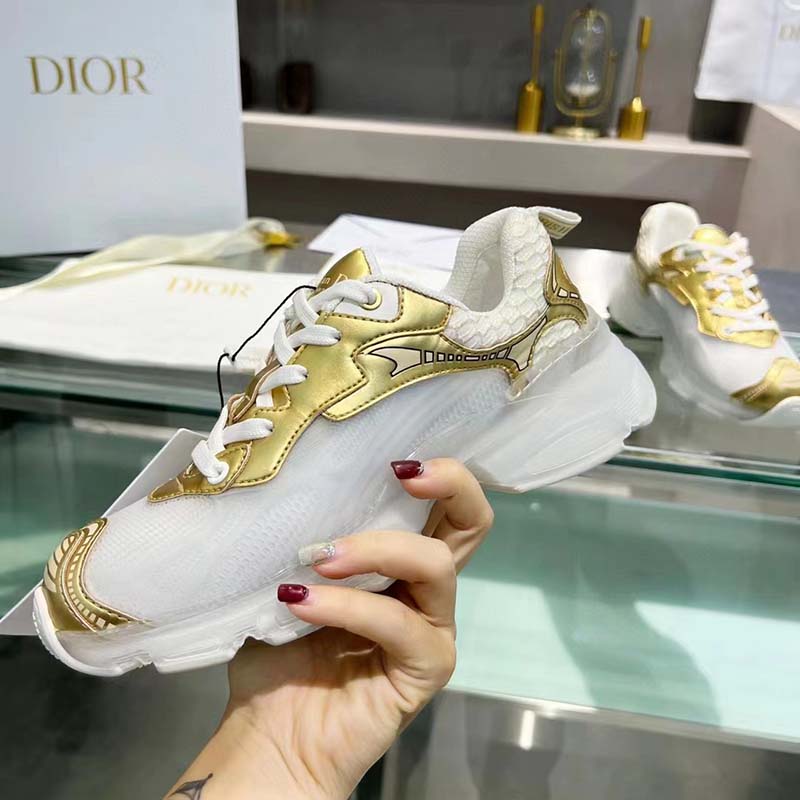 Dior Women CD Shoes Dior Vibe Sneaker White Mesh Gold Tone Technical Fabric