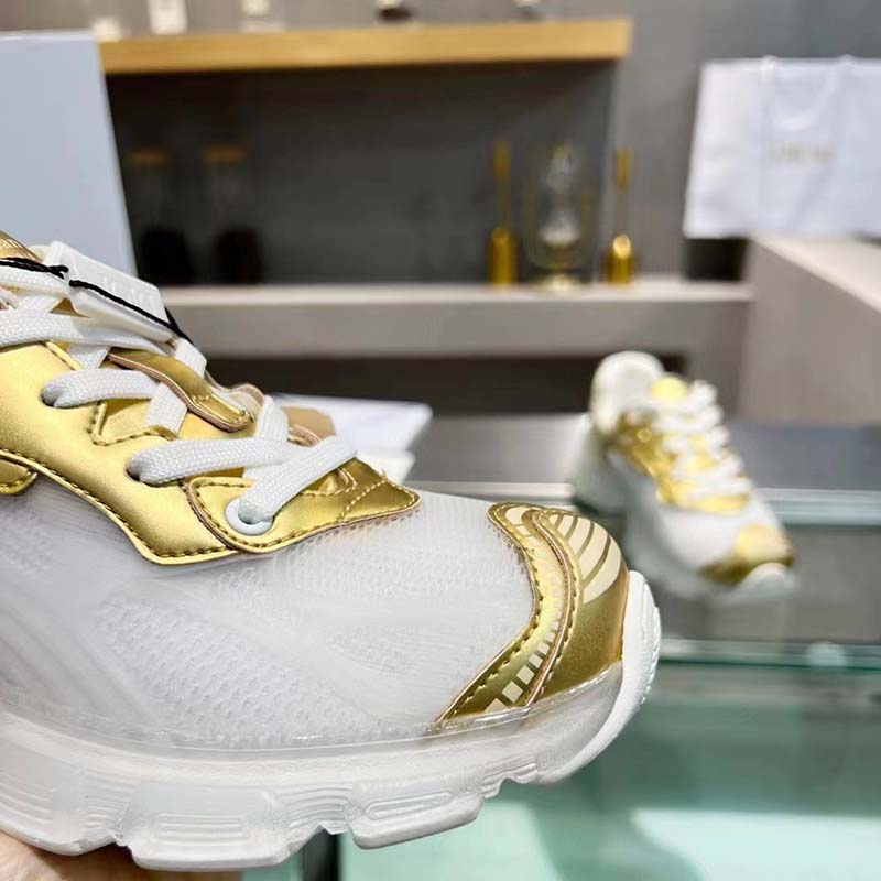 Dior Women CD Shoes Dior Vibe Sneaker White Mesh Gold Tone Technical Fabric