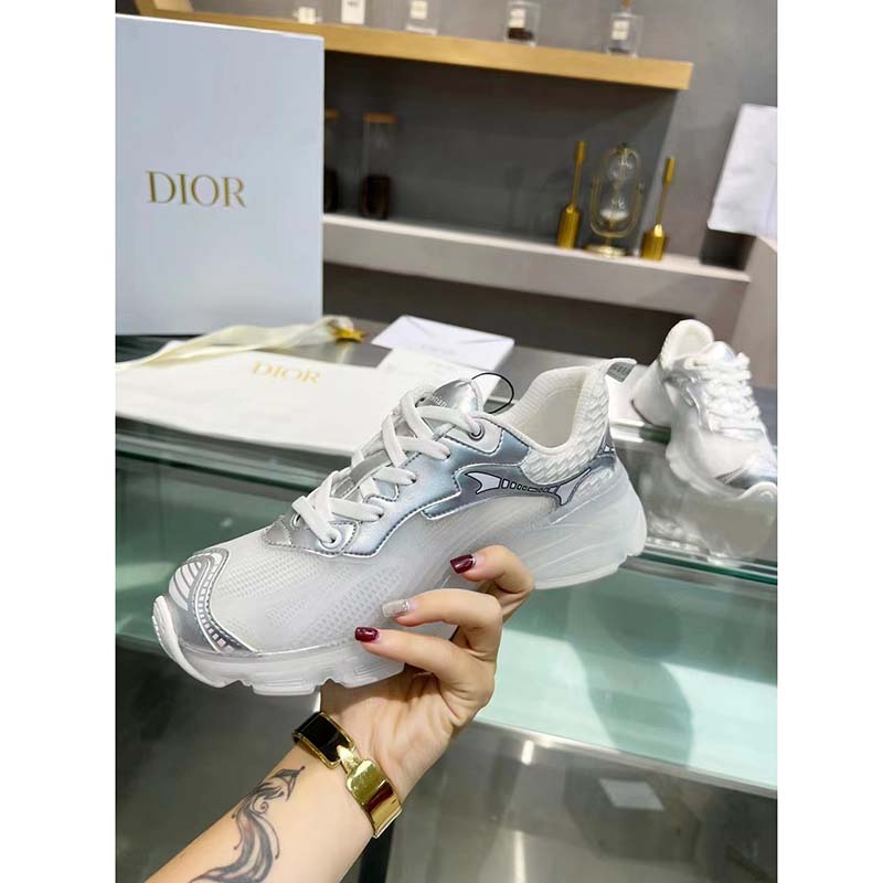 Dior Women CD Shoes Dior Vibe Sneaker White Mesh Silver Tone Technical Fabric