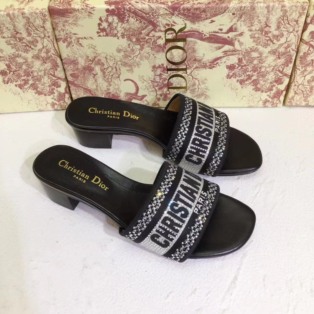 Dior Women CD Shoes Dway Heeled Slide Black Cotton Embroidered Metallic Thread Strass