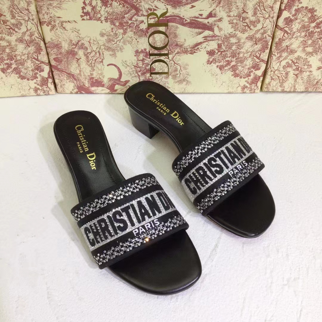 Dior Women CD Shoes Dway Heeled Slide Black Cotton Embroidered Metallic Thread Strass