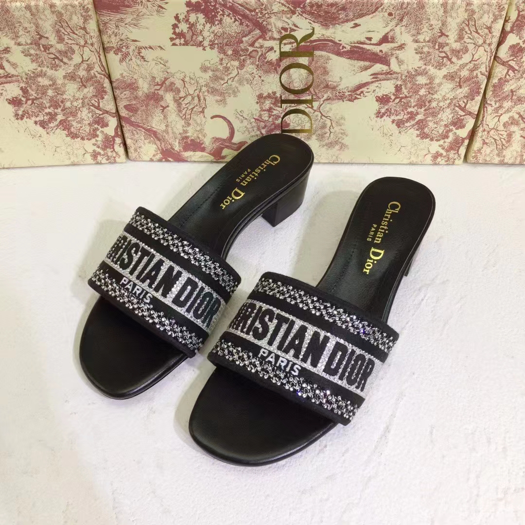 Dior Women CD Shoes Dway Heeled Slide Black Cotton Embroidered Metallic Thread Strass