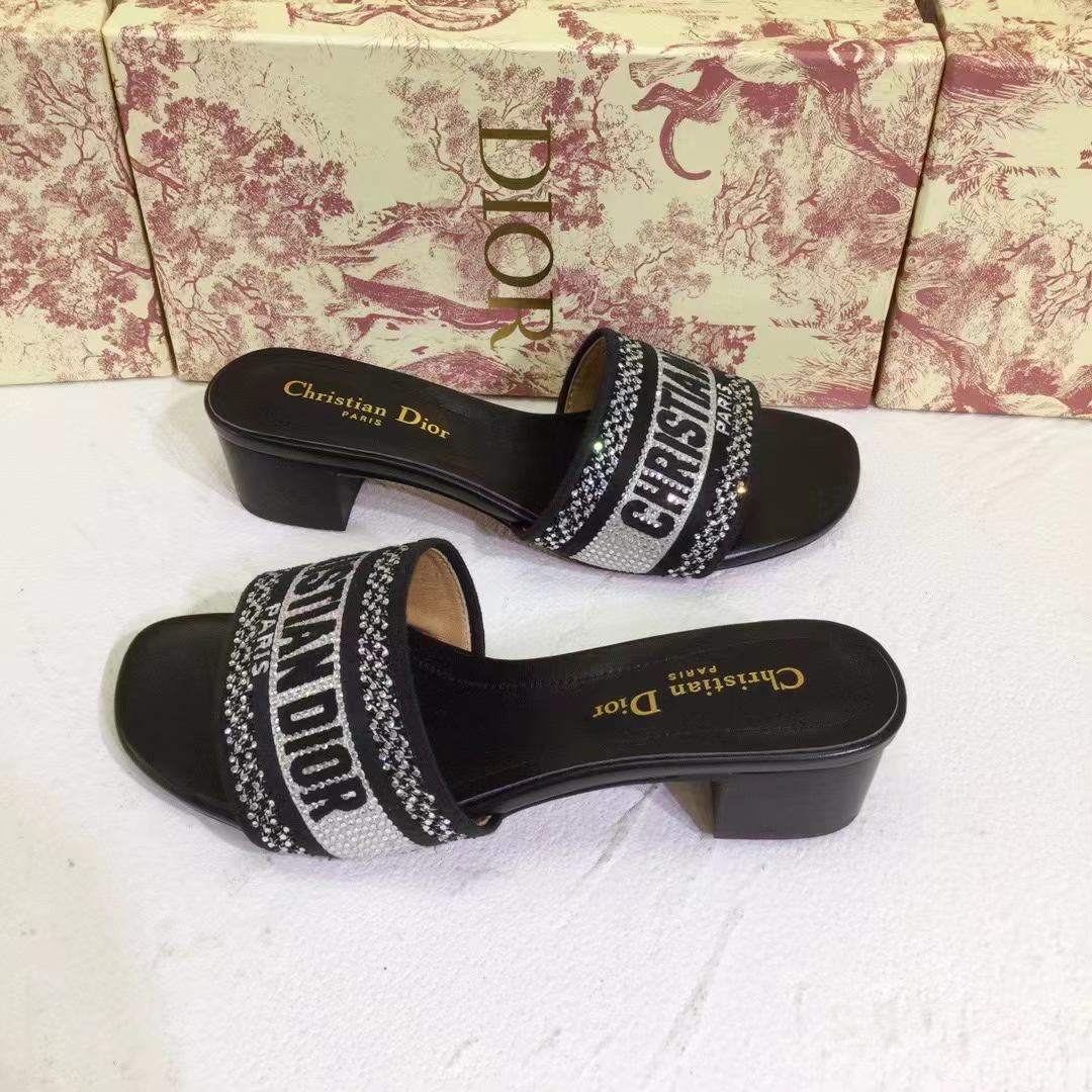 Dior Women CD Shoes Dway Heeled Slide Black Cotton Embroidered Metallic Thread Strass