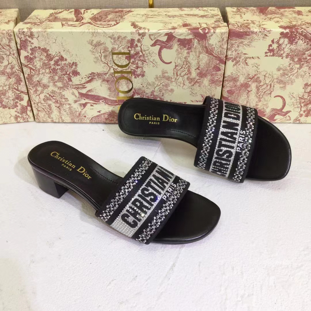 Dior Women CD Shoes Dway Heeled Slide Black Cotton Embroidered Metallic Thread Strass