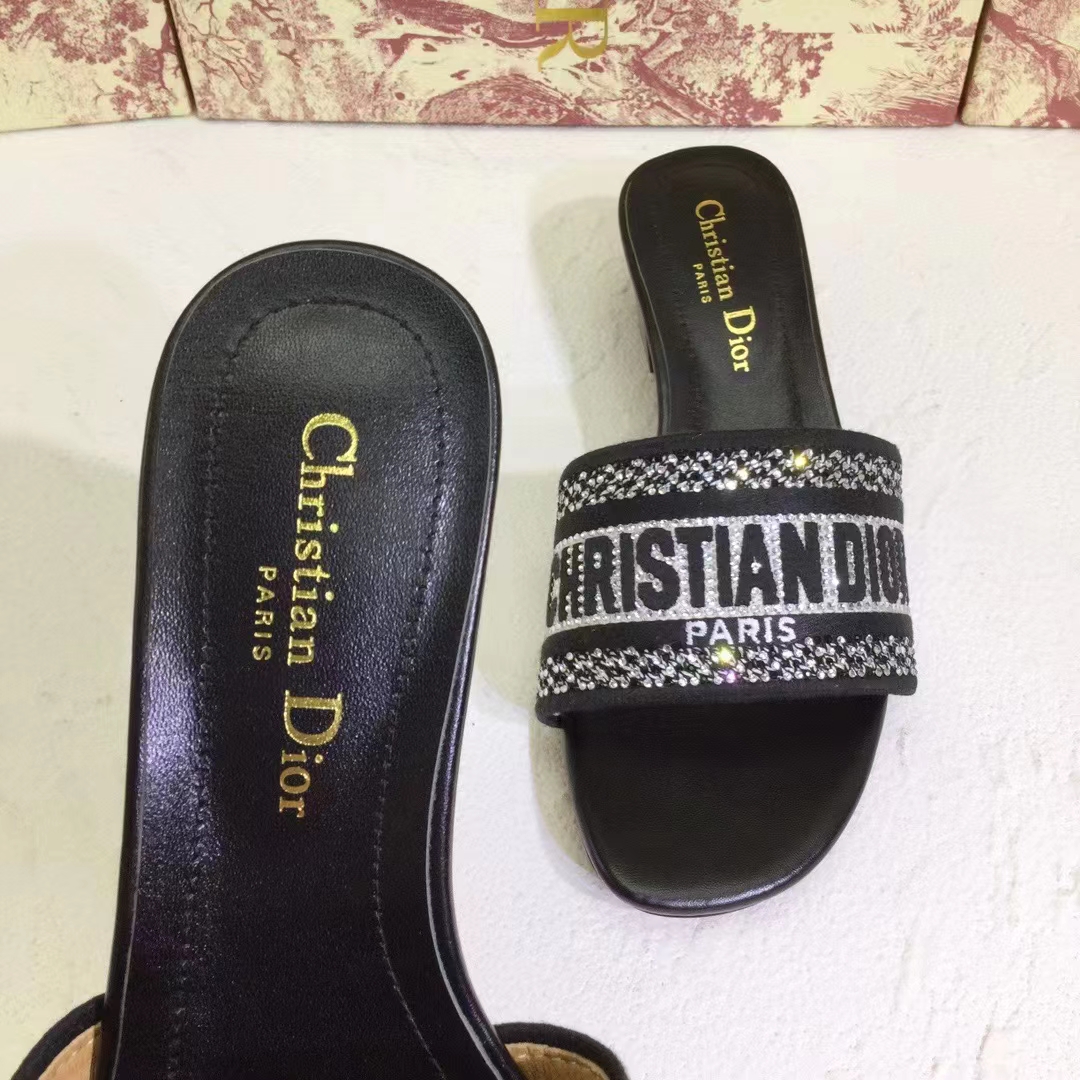 Dior Women CD Shoes Dway Heeled Slide Black Cotton Embroidered Metallic Thread Strass